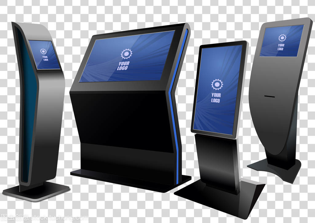 四宣傳互動信息亭, 廣告展示, 終端展臺, 觸摸屏顯示屏在透明背景下隔離。模擬模板